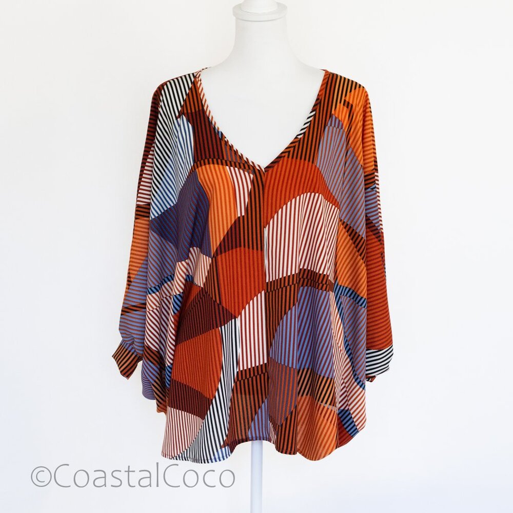 Jodifl Large Abstract Print Blouse Oversized Tunic Top Kimono Sleeve Resortwear